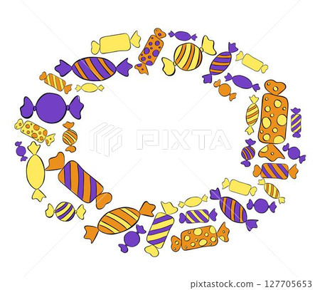 Candy sweets oval Frame template. Vector graphic line ink illustration for the text. card for the happy sweetest day and Halloween. For logo, web, package, sticker. 127705653