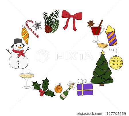 Christmas new year holiday objects, symbols and items. Frame oval template. Vector graphic line ink illustration. Perfect for cards, decorations, stickers, logo, menu, various designs. Christmas new year holiday objects, symbols and items. Frame oval template. Vector graphic line ink illustration. Perfect for cards, decorations, stickers, logo, menu, various designs. 127705669