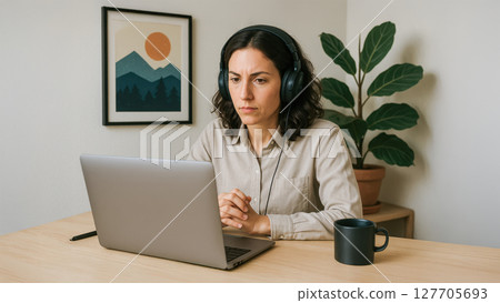 Focused young woman with headphones attending online meeting on laptop while sitting at wooden desk in home office. Professional virtual communication. 127705693
