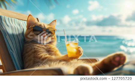 Funny ginger cat in sunglasses lounging on beach chair with cold drink in paw, enjoying sunny tropical day by the sea. Summer humor concept. 127705720