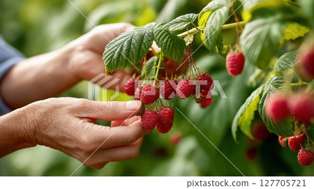 Hands picking ripe red raspberries from green bush in sunny garden, close-up of harvesting process. Fresh organic berries. 127705721