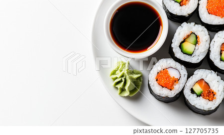 Assorted sushi rolls with fish roe, cucumber, and avocado served with soy sauce and wasabi on a white plate. Traditional Japanese cuisine. Minimalist composition. Assorted sushi rolls with fish roe, cucumber, and avocado served with soy sauce and wasabi on a white plate. Traditional Japanese cuisine. Minimalist composition. 127705735