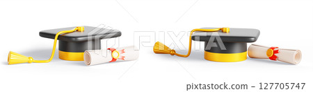 3d set of graduation cap with certificate scroll render icon. Student alumni in university, college or high school education. Isolated academic bachelor hat with paper diploma rolled. 3D illustration 127705747