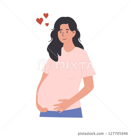 Pregnant woman thinking about her baby with love. Emotional connection during pregnancy. Motherhood and maternity concept. Future mom. Vector flat style illustration isolated on white background. 127705846