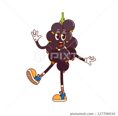Cartoon groovy black currant berry fruit character with funny face, vector comic emoji. Groovy blackcurrant berry with happy smile or trippy expression and Hello gesture for cartoon fruit character 127706034
