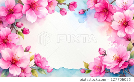 Pink cherry blossom and white floral frame illustration perfect for spring wedding card design 127706035