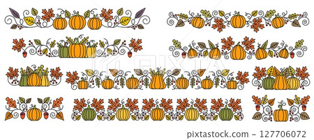 Ornate thanksgiving pumpkin and harvest dividers borders. Cartoon vector trims with fall leaves, acorns, berries and curly vines. Autumn decorative elements for seasonal holiday greeting or invitation 127706072