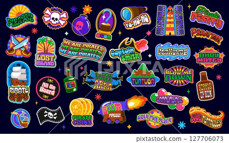 Y2k pirate and corsair groovy stickers, funky piratical patch labels. Vector retro set with skulls, coins, swords, ships, rum bottle, parrot, cannonball, treasure map, tropical islands and slogans 127706073