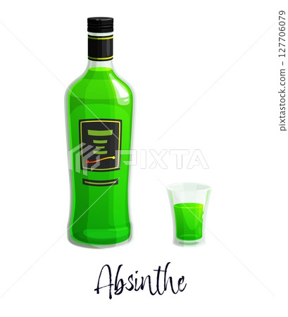 Absinthe alcohol bottle and glass. Green alcohol drink, bar or pub cocktails or beverages menu cartoon vector icon. Spirit liqueur, wine or absinthe isolated bottle, shot glass and handwritten text 127706079