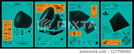 Brutalism posters with wireframe shapes and Y2K figures. Futuristic trendy posters or banners vector templates with brutalism wireframe abstract geometric shape, Y2K artwork composition and typography Brutalism posters with wireframe shapes and Y2K figures. Futuristic trendy posters or banners vector templates with brutalism wireframe abstract geometric shape, Y2K artwork composition and typography 127706080