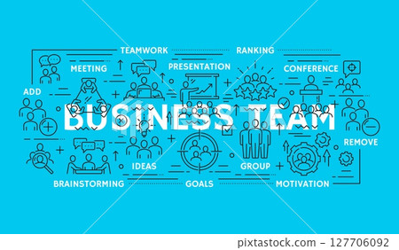 Business team line icons with business people work groups. Vector teamwork, leader and partnership, team work organization and leadership outline symbols set. Employee, conference and meeting icons 127706092