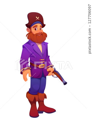 Cartoon medieval pirate and corsair character with bushy beard holding a pistol gun. Vector comic sea rover personage wearing a tricorn hat, long coat, and boots. Bright and funny swashbuckler 127706097