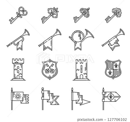 Heraldry line icons, horns and castle keys, fortress and pennant flags. Medieval royal heraldic shields, heraldry crests and coat of arms with vector line icons of flag, castle tower, horn and key 127706102