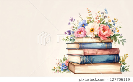 Beautiful floral bouquet on a book, a perfect spring decoration or wedding gift, capturing the essence of nature's beauty and love 127706119