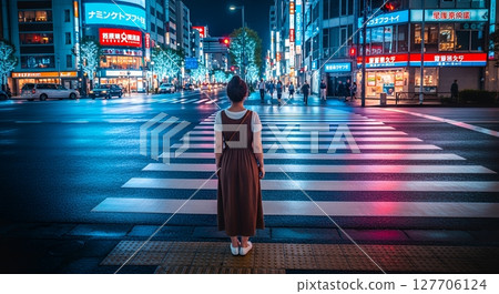 A woman waiting for a traffic light in a busy downtown area at night 127706124
