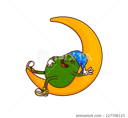 Cartoon groovy avocado sleeping on moon crescent with funny face, vector vegetable character. Retro cartoon groovy avocado character in nightcap with stars, snoozing in nap on moon in dream for emoji 127706125