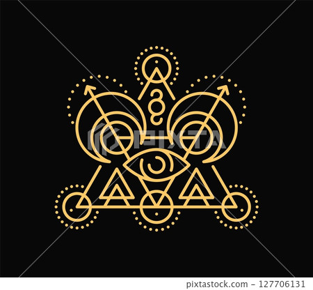 Esoteric line symbol, mystic boho tattoo. Vector golden linear all seeing eye, arrows, triangles and geometric elements. Mystical or spiritual sign for alchemy or occult rituals, magic and tarot cards Esoteric line symbol, mystic boho tattoo. Vector golden linear all seeing eye, arrows, triangles and geometric elements. Mystical or spiritual sign for alchemy or occult rituals, magic and tarot cards 127706131