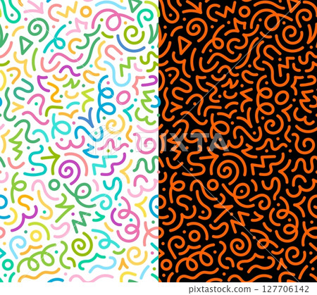 Kids Halloween squiggle seamless pattern, color shapes vector abstract background with random curves. Wallpaper, textile, wrapping paper with dynamic ornament, birthday party print backdrop 127706142