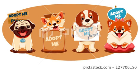 Adopt a dog awareness scene with cartoon vector puppy animal characters asking for help with sign and box. Pet adoption promo with pug, corgi, beagle and pomeranian in rescue stray animals theme Adopt a dog awareness scene with cartoon vector puppy animal characters asking for help with sign and box. Pet adoption promo with pug, corgi, beagle and pomeranian in rescue stray animals theme 127706150