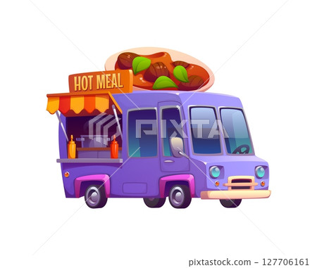 Cartoon food truck or vintage festival street foodtruck with hot meals, vector car van. Street food truck or vendor kiosk booth with hot dishes for street market and meat fast food festival foodtruck Cartoon food truck or vintage festival street foodtruck with hot meals, vector car van. Street food truck or vendor kiosk booth with hot dishes for street market and meat fast food festival foodtruck 127706161