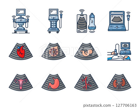Ultrasound color line icons of medical ultrasonography, sonography or echography. Vector sonograms icons of ultrasonic scanner, ultrasound diagnostic machine and radiology equipment outline symbols 127706163