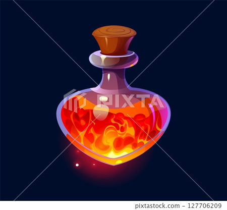 Magic potion bottle or Halloween witch elixir and poison drink, cartoon vector. Halloween holiday magic potion or fantasy love drink with red fire flame burning liquid of magic spell in glass Magic potion bottle or Halloween witch elixir and poison drink, cartoon vector. Halloween holiday magic potion or fantasy love drink with red fire flame burning liquid of magic spell in glass 127706209