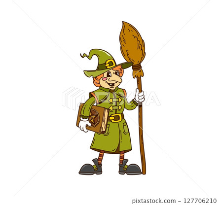Cartoon groovy Halloween witch character with broomstick and happy smile, holiday vector symbol. Funny groovy witch with spell book, broom and silly face for Halloween holiday cartoon boo character 127706210