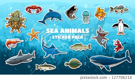Cartoon sea animal stickers pack of cute whale, dolphin, shark and jellyfish. Vector coral reef underwater landscape with salmon and tuna fish, shrimp and crab, penguin and octopus sea animal stickers Cartoon sea animal stickers pack of cute whale, dolphin, shark and jellyfish. Vector coral reef underwater landscape with salmon and tuna fish, shrimp and crab, penguin and octopus sea animal stickers 127706218
