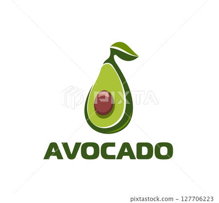 Healthy food green avocado company icon. Agriculture brand avocado isolated vector emblem, vegan food store fruit sign. Organic farm avocado icon or plant based natural product company symbol 127706223