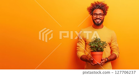 Young man with curly hair smiles while holding a potted plant against a vibrant orange background during a sunny day 127706237
