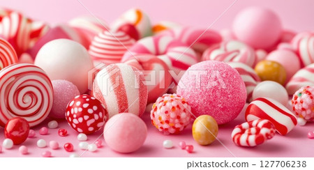Colorful assortment of candy displayed on a pink surface showcasing a variety of shapes and textures perfect for celebrations and festive occasions Colorful assortment of candy displayed on a pink surface showcasing a variety of shapes and textures perfect for celebrations and festive occasions 127706238