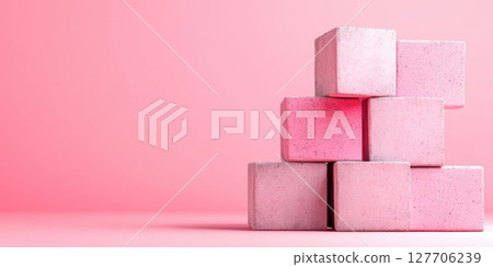 Modern geometric composition of stacked pink concrete blocks on a soft pink background, highlighting the interplay of shapes and textures in a minimalist setting 127706239