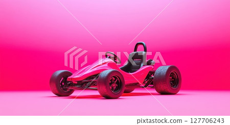 Bright pink go-kart model showcased on a vibrant pink backdrop, emphasizing design and fun in a playful atmosphere perfect for enthusiasts and collectors 127706243