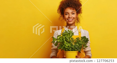 Woman with curly hair holds a pot of fresh green herbs in front of a vibrant yellow background showcasing her love for gardening and healthy living 127706253