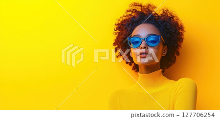 Young woman poses confidently against a bright yellow background while wearing stylish sunglasses and a vibrant sweater during a sunny day in a creative photoshoot 127706254