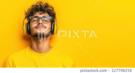Young man enjoying music with headphones against a bright yellow background in an indoor setting during the daytime 127706258