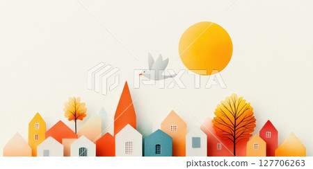 Colorful autumn landscape featuring whimsical houses and a bird flying under a bright sun in a tranquil setting 127706263