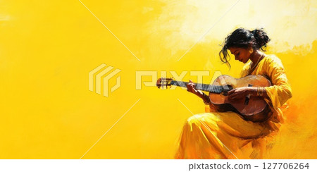Musician playing guitar in vibrant yellow atmosphere during a serene moment Musician playing guitar in vibrant yellow atmosphere during a serene moment 127706264