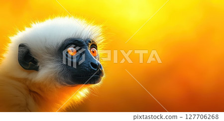 Golden sunlight highlights the expressive face of a primate with striking orange eyes in a serene natural setting during the afternoon 127706268