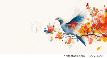Vibrant bird perched on a branch amidst autumn leaves in a serene natural setting at sunset creating a calm atmosphere 127706270