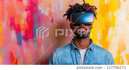 Engaging in virtual reality exploration against a vibrant abstract background during a creative art event in an urban location 127706271