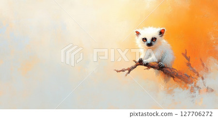 White furry animal perched on a branch against a warm orange and yellow background in a serene natural setting 127706272