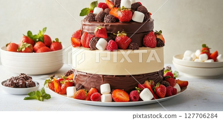 Stunning dessert display featuring a multi-layered cake adorned with fresh strawberries, marshmallows, and chocolate treats, perfect for celebration moments and gatherings Stunning dessert display featuring a multi-layered cake adorned with fresh strawberries, marshmallows, and chocolate treats, perfect for celebration moments and gatherings 127706284
