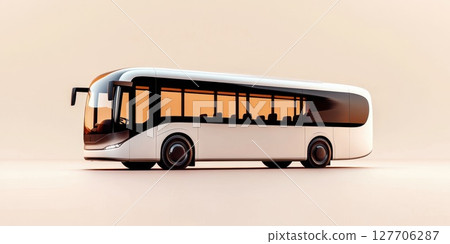 Modern electric bus design showcased with elegant lines and a minimalist aesthetic in an indoor display environment, emphasizing innovation and sustainability in urban transport solutions 127706287
