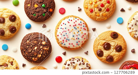 Colorful assortment of freshly baked cookies arranged on a surface, showcasing various flavors and toppings perfect for a festive gathering or celebration 127706289