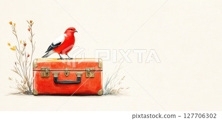 Bright red bird perched on orange suitcase with wildflowers in a simple, light background portraying travel and nature 127706302