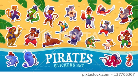 Cartoon animal pirate and corsair characters sticker pack on treasure island beach vector background. Cute shark, whale, hippo and crocodile, elephant, cat and dog animal pirates with hats and swords 127706307