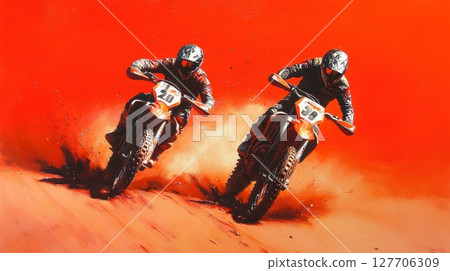 Two motocross riders racing through a dusty terrain under a vivid orange sky during an intense competition event 127706309