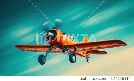 Bright orange vintage airplane soaring through the sky on a clear day with vibrant blue hues and soft cloud formations in the background 127706315