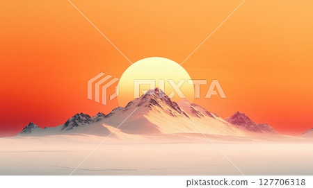 Breathtaking sunset over snow-covered mountains reflecting warm hues in the sky, creating a serene and captivating sight in a remote landscape 127706318